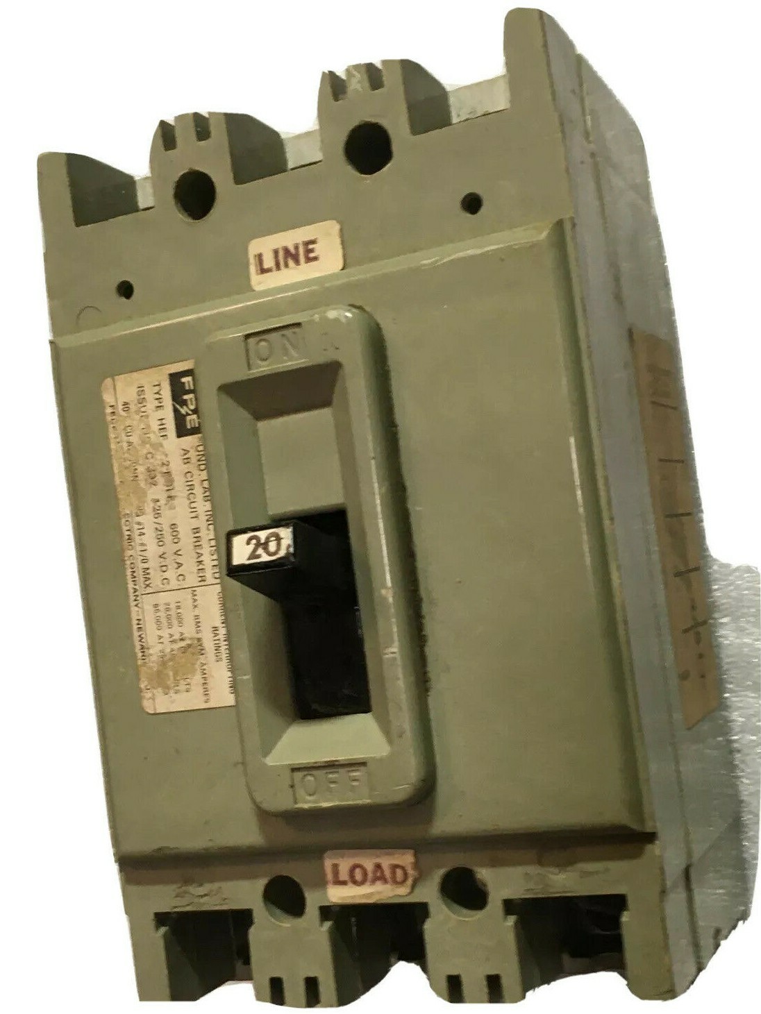 FEDERAL PACIFIC Electric HEF621020 20A 600V BREAKER WARRANTY TWO POLE 3P FRAME