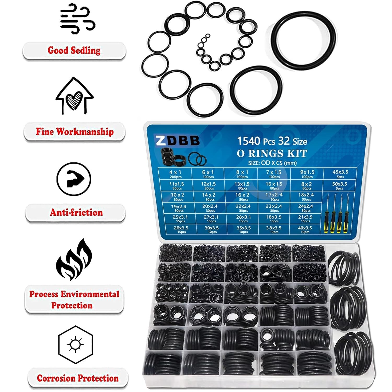 32 Size 1540 Pcs O Rings Assortment Kit Metric Nitrile Rubber Oring Set with 4