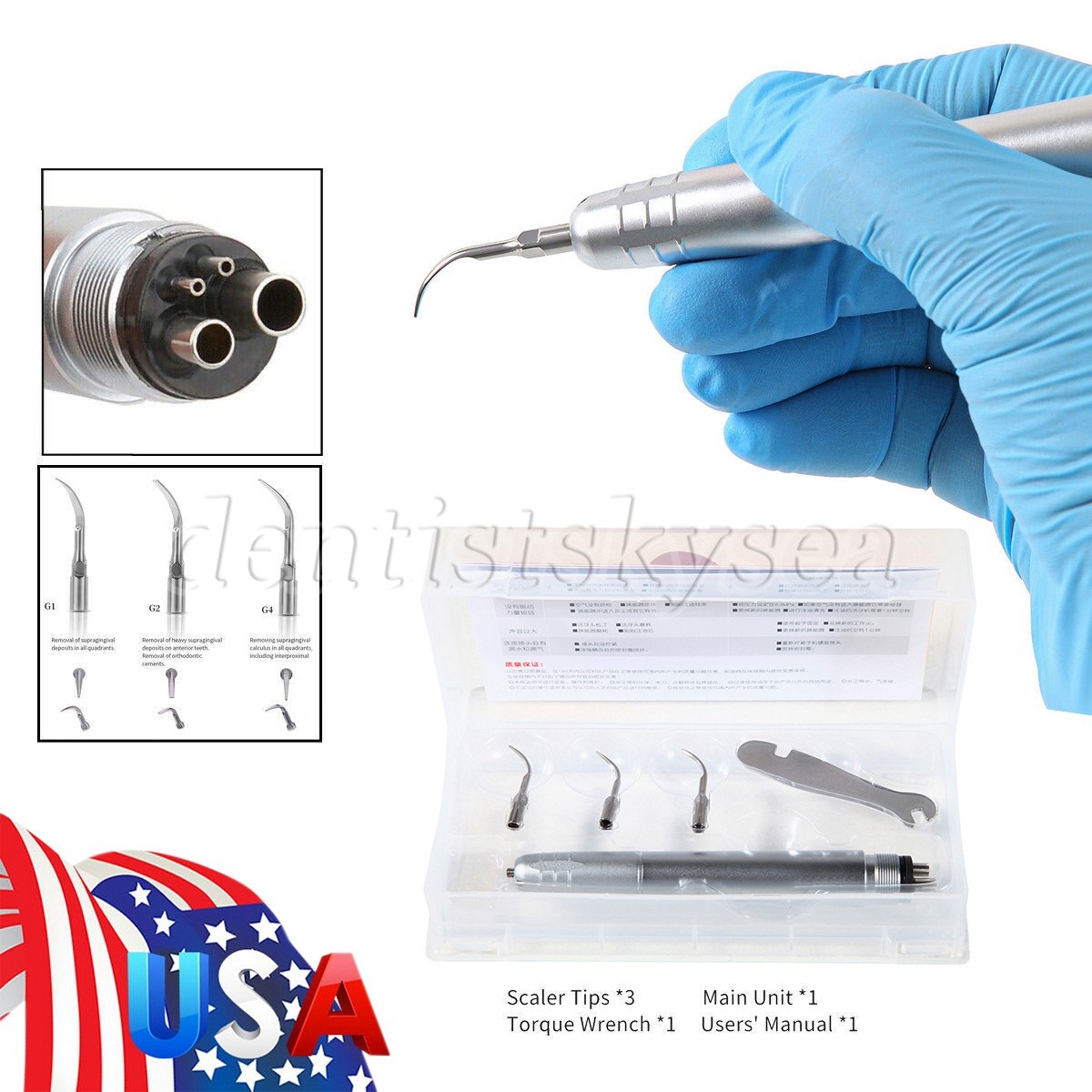 Dental Air Scaler Sonic Perio Scaling 4 Hole with 3 Compatible Tips US STOCK