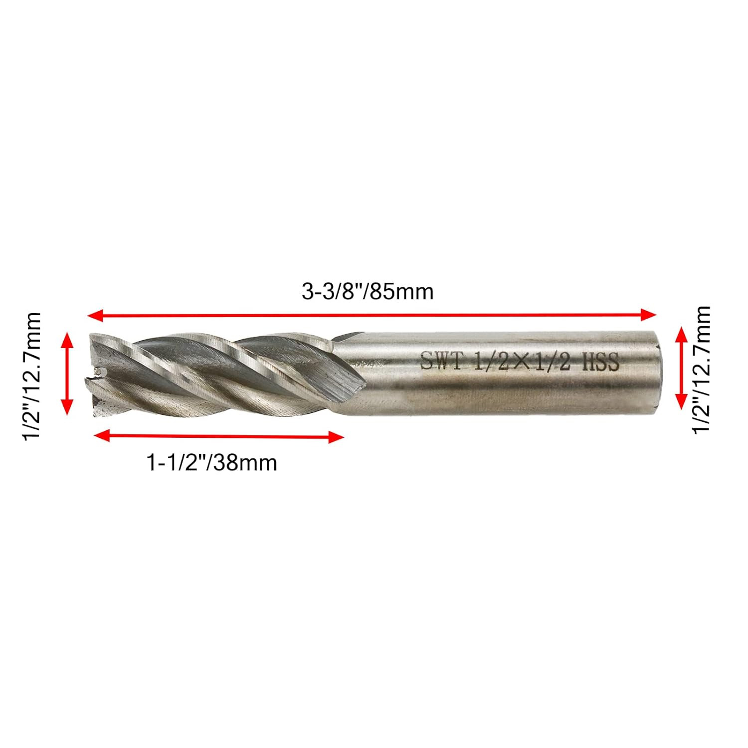 Square End Mill 1/2″ Cutting Dia X 1/2″ Shank Dia 4 Flute Straight End Mill Cut