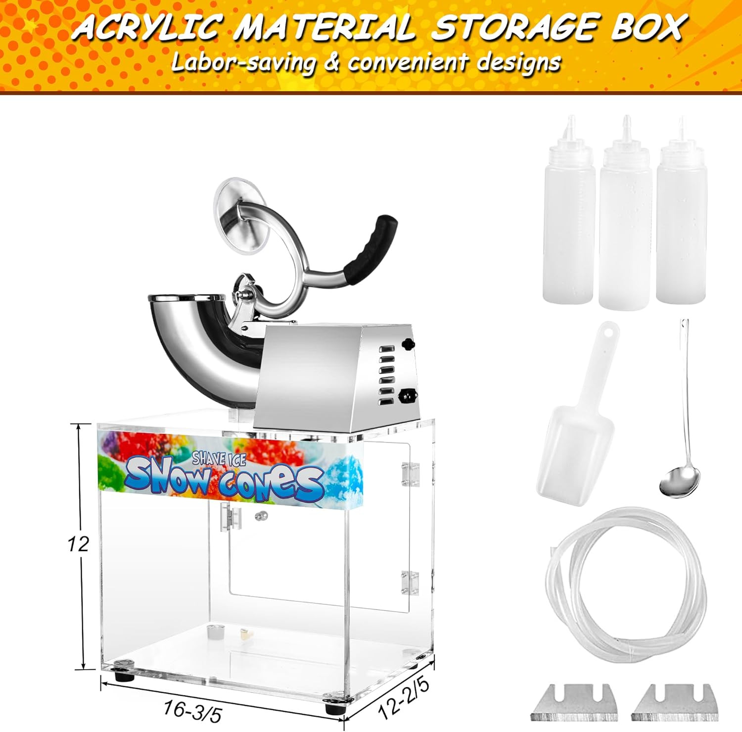 48L Snow Cone Machine, 500LB/H Commercial Shaved Ice Machine, 300W Electric Ice