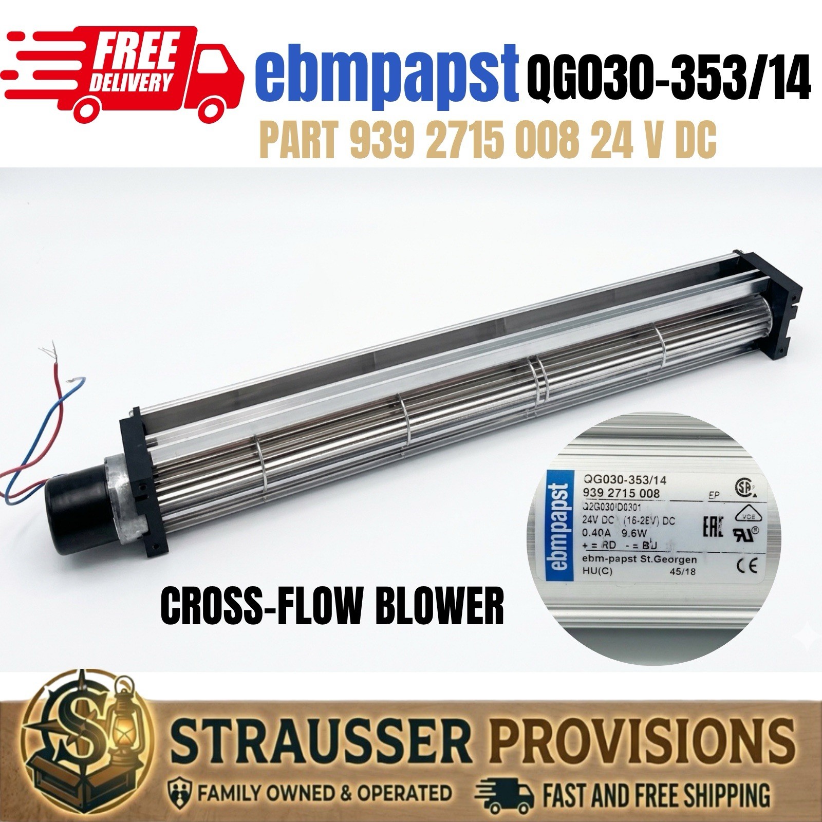 ebm-papst QG030-353/14 Cross-Flow Fan Blower, Part 939 2715 008, 24V DC 9.6W