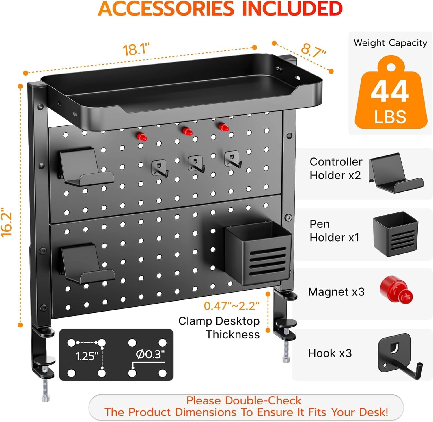 Desk Clamp On Pegboard with 16 inches Organizer Shelf, Adjustable Above or Under