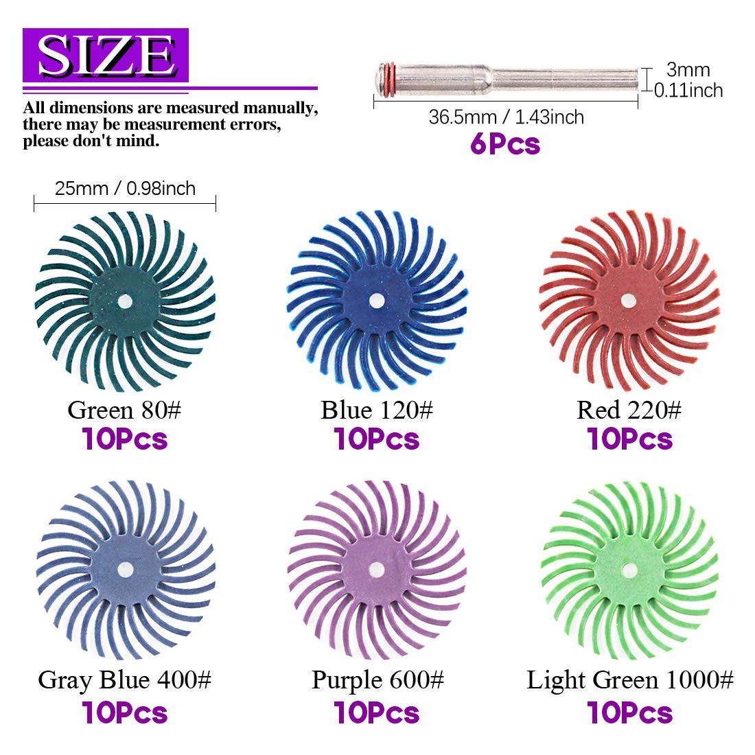 Swpeet 66Pcs 1 Inch 6 Mixed Grit 80/120/220/400/600/1000 Radial Bristle Disc Abr