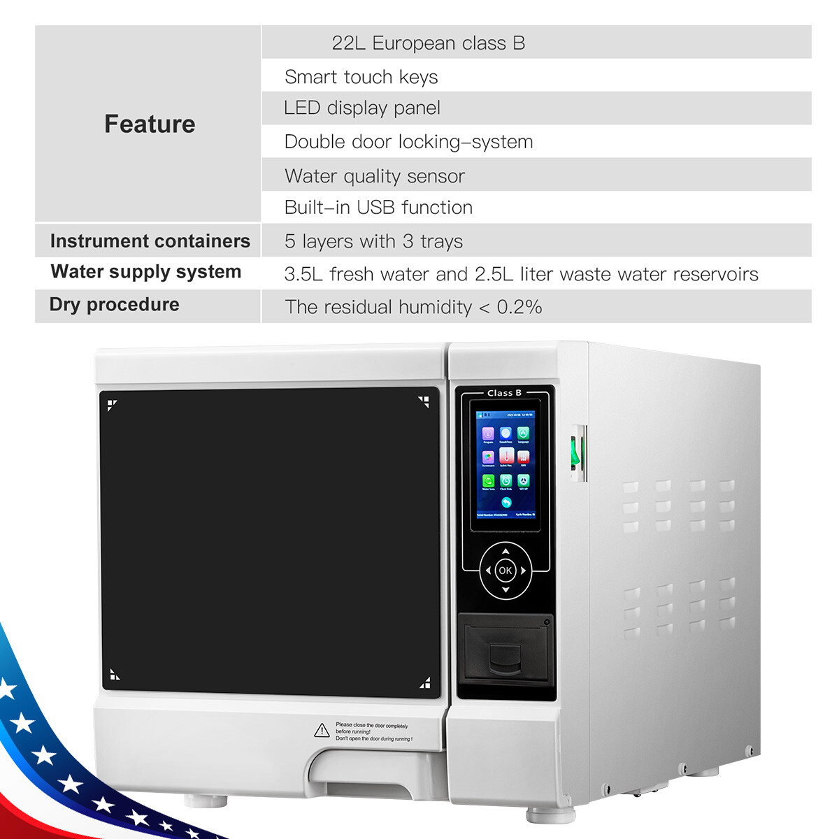 22L Class B Dental Autoclave Vacuum Pressure Steam Sterilizer Built-in Printer