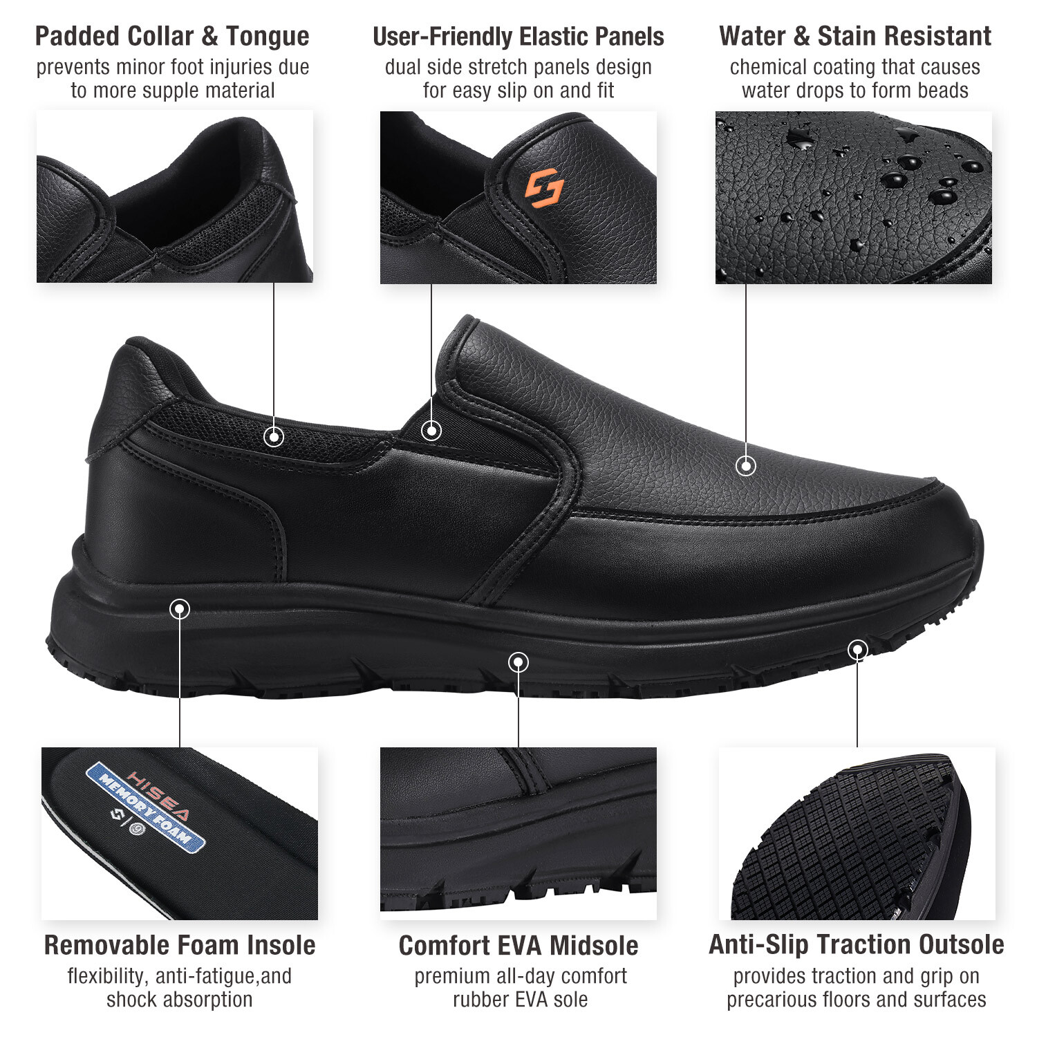 HISEA Men’s Non-Slip Shoes Slip-On Chef Shoes Water Resistant Kitchen Work Shoes