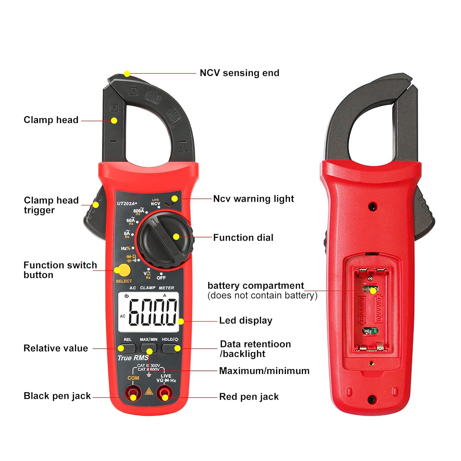 UT202A+ Digital Clamp Meter Multimeter Voltage 600A AC Current Resistance