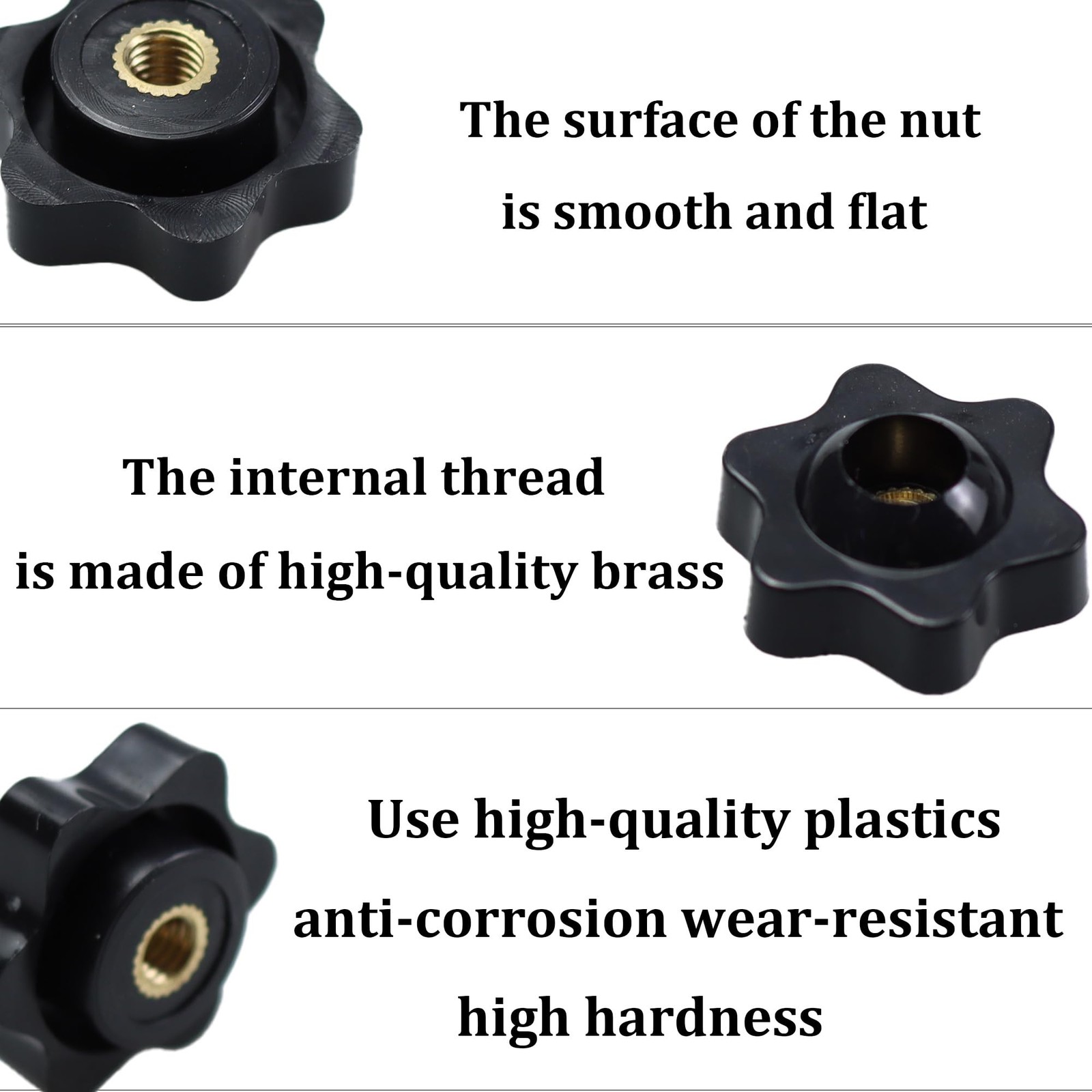 M6 Black Plastic Star Knobs Clamping Handle Nut Thru Hole Female Thread 10 PCS