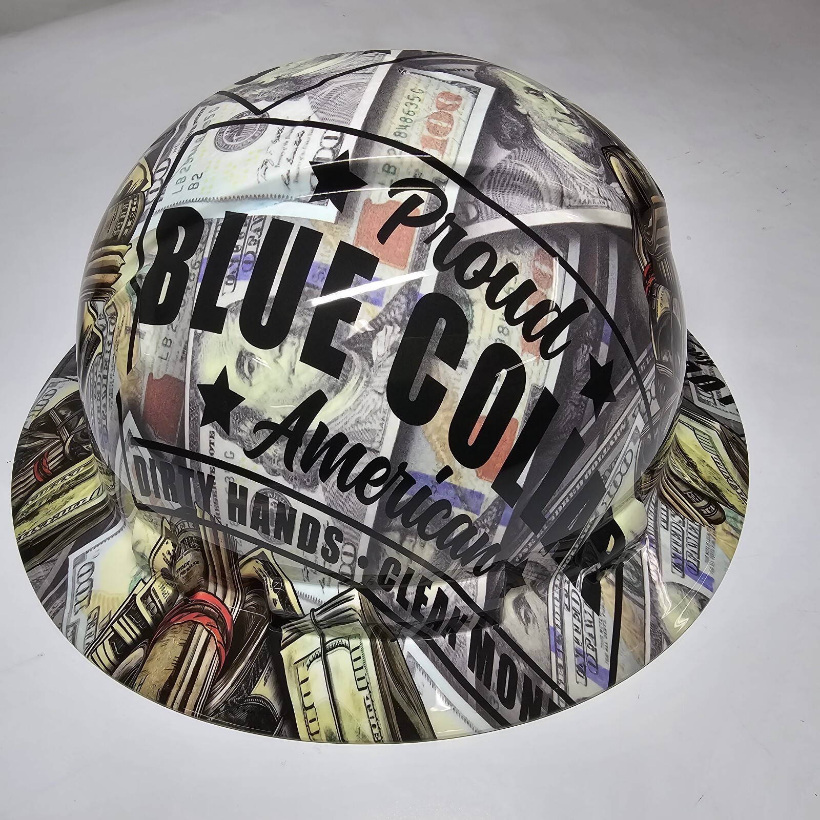 full brim hard hat custom hydro dipped IN BLUE COLLAR DIRTY HANDS CLEAN MONEY