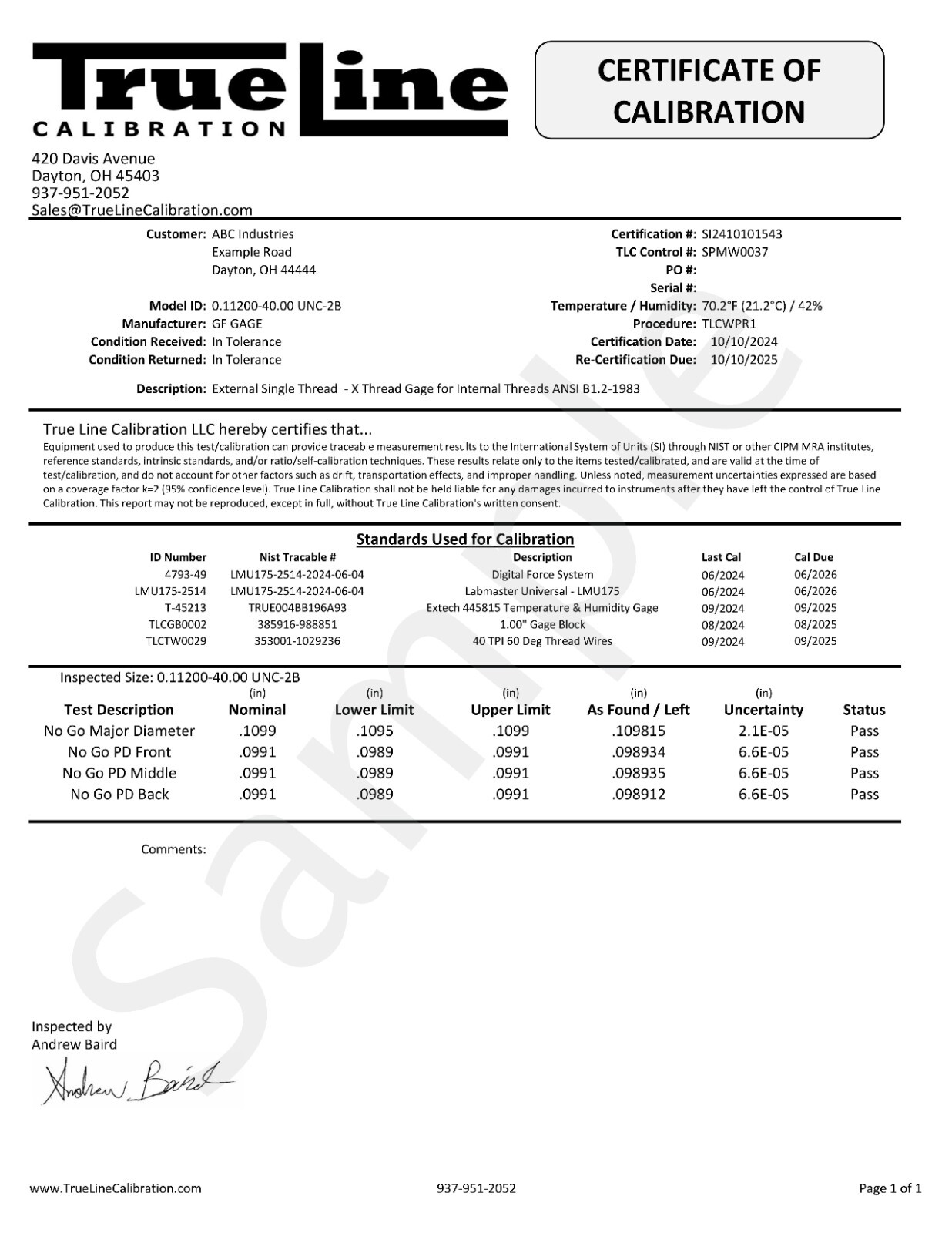 Long Form Calibration Certs For Thread Gage (Purchased w/ M & J Tooling Gage)