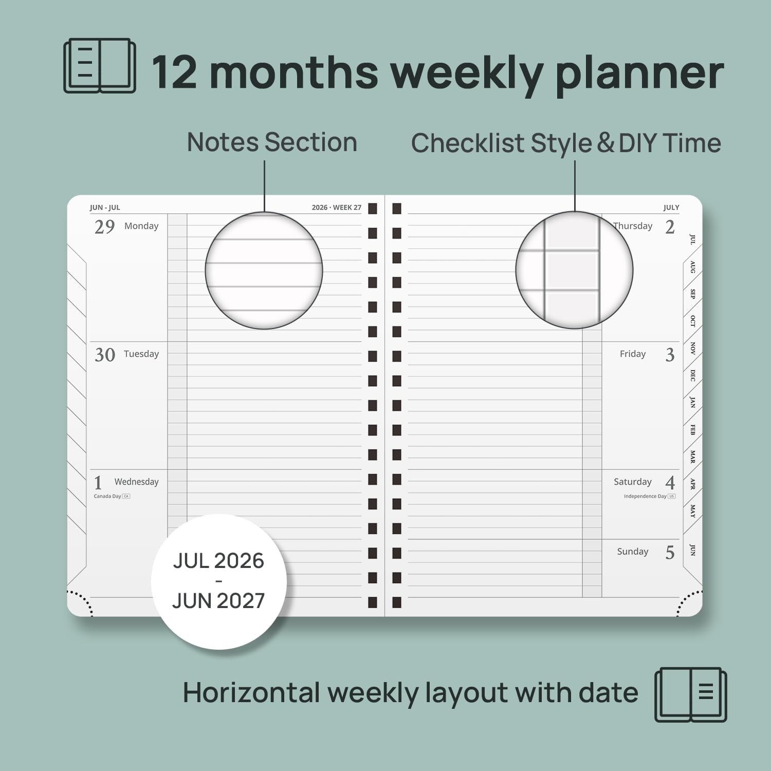 POPRUN 2026-2027 Academic Weekly Planner, 6.5″ x 8.5″ Horizontal Daily Book Cale
