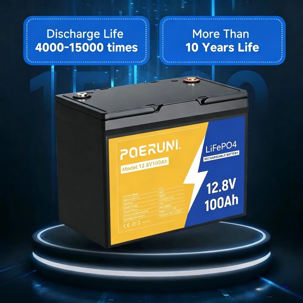 POERUNI 12V 100Ah LiFePO4 Deep Cycle 15000+ Lithium Battery Built-in BMS RV NEW