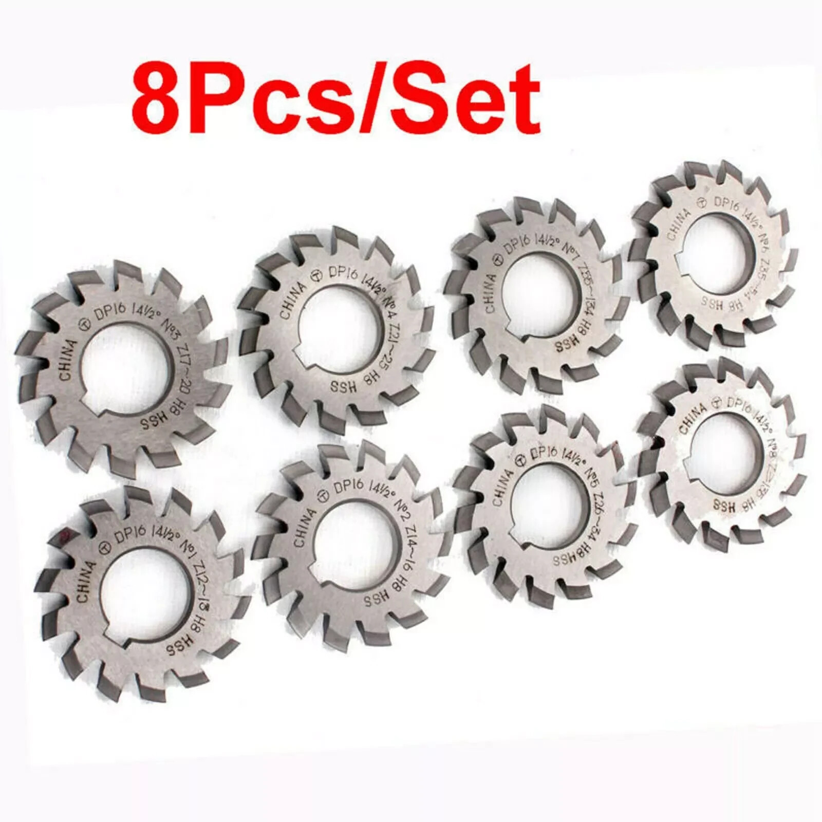 14.5° Involute Gear Cutter DP8 DP10 DP16 DP20 DP22 PA14-1/2 HSS 8H New 8pcs/Set