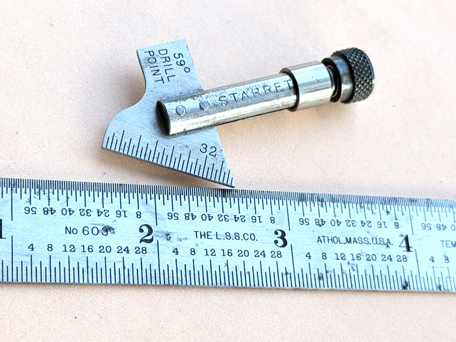 STARRETT No.22-C 59 Degree Drill Point Gage W/No. 603R Tempered Steel Rule. USA