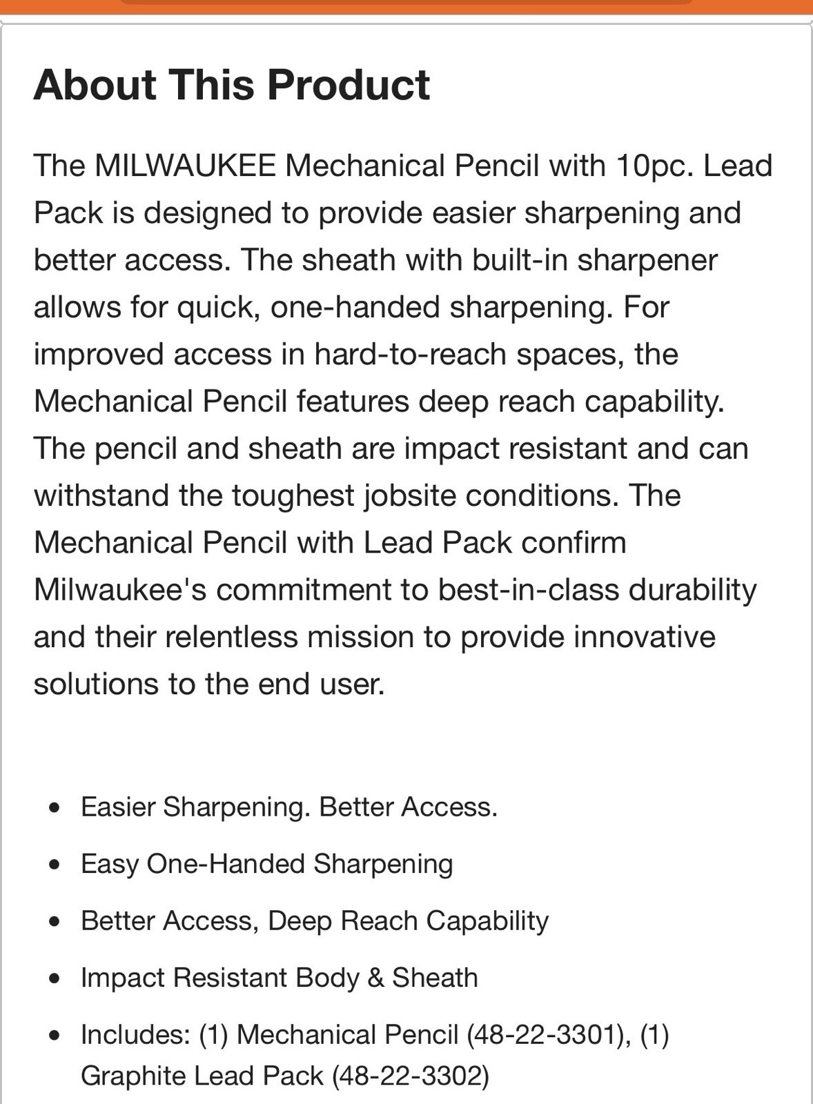 Milwaukee 48-22-3301, Mechanical Pencil w/ 10-piece Lead Pack, Impact Resistant