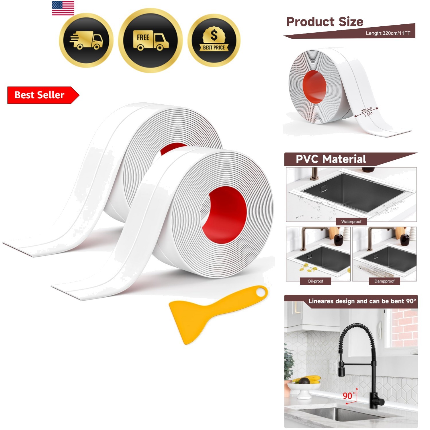 Caulk Tape Waterproof Self Adhesive, 2 Rolls White Caulking Sealant Strip for…