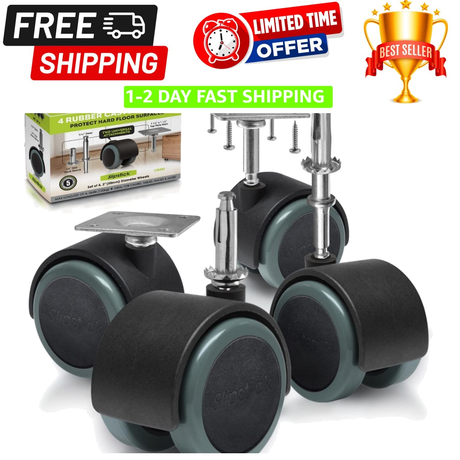 2 Inch Rubber Furniture Casters – Versatile Set of 4 for Everyday Use