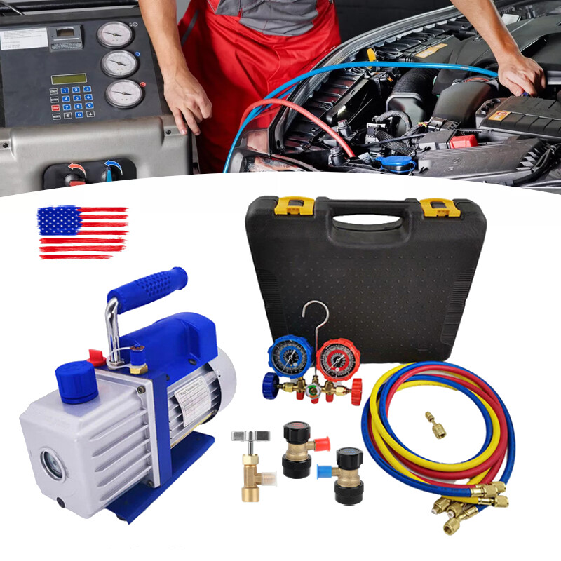 New Combo 1/3HP 4CFM Air Vacuum Pump MANIFOLD GAUGE Set HVAC AC Refrige-rant Kit