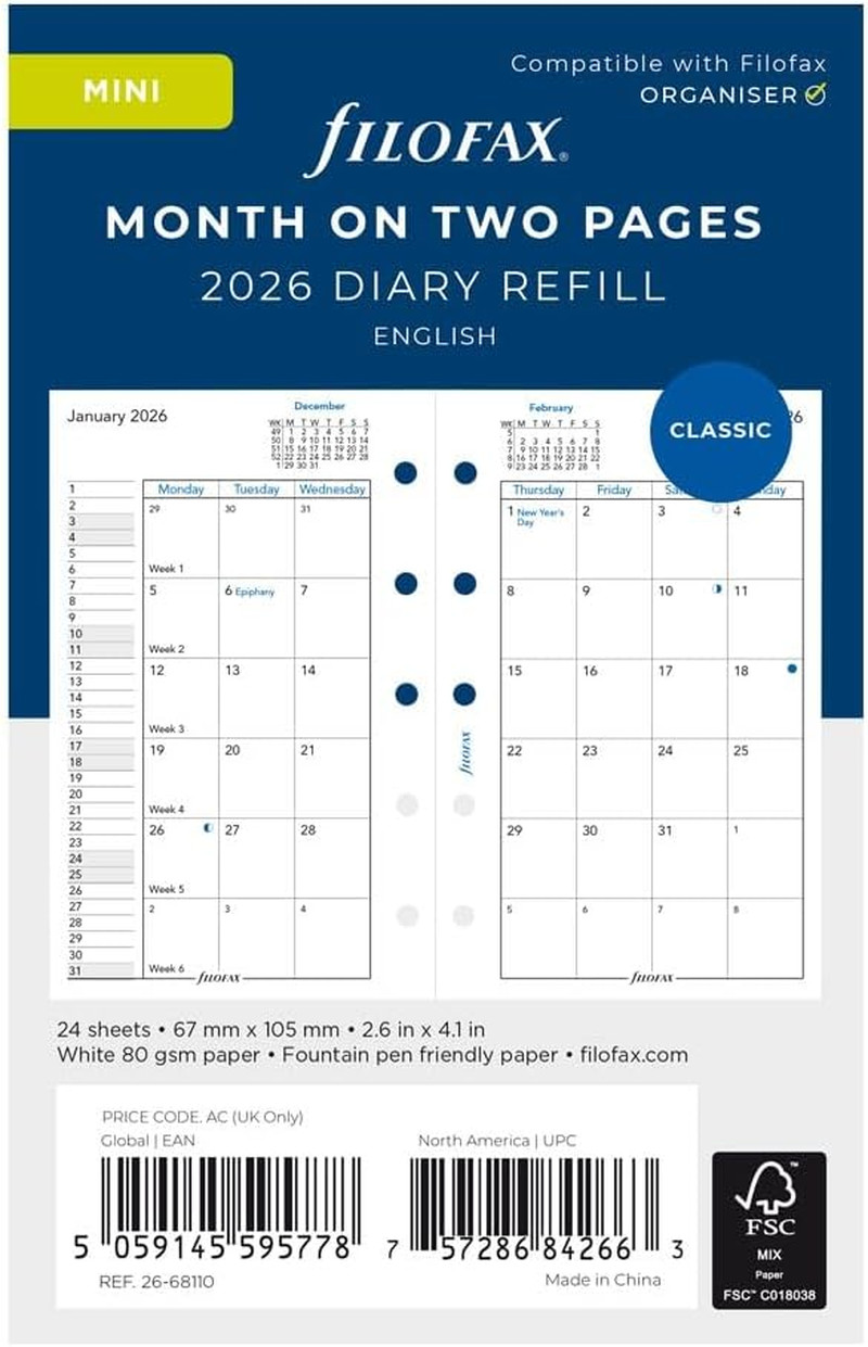 C68110-26 Mini Size Month-To-View Calendar Diary Refill White Paper 2026