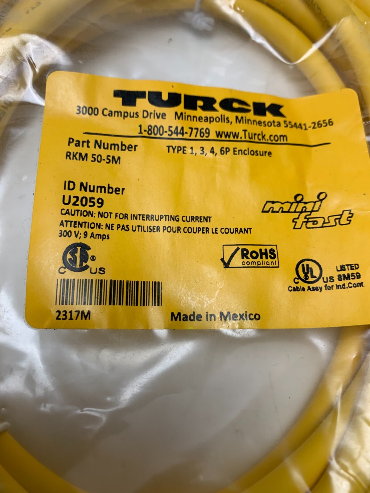 TURCK, RKM 50-5M, Single Ended Cordset, 7/8 inch Female to Pigtail, 5M U2059 NEW
