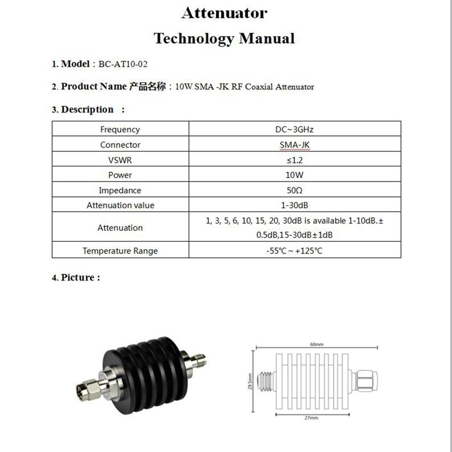 BECEN 10W SMA Attenuator,30db,DC to 3GHz,50 Ohm 30db