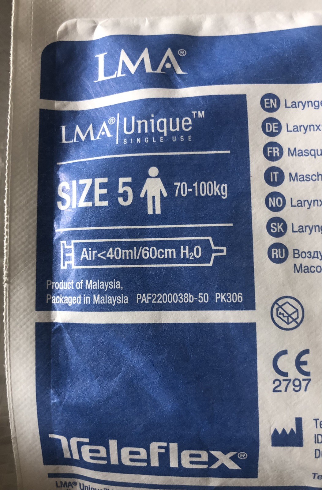 (10) LMA Unique Teleflex Single Use Mask Adult Size 5 Ref#128050 Exp. Date 2024