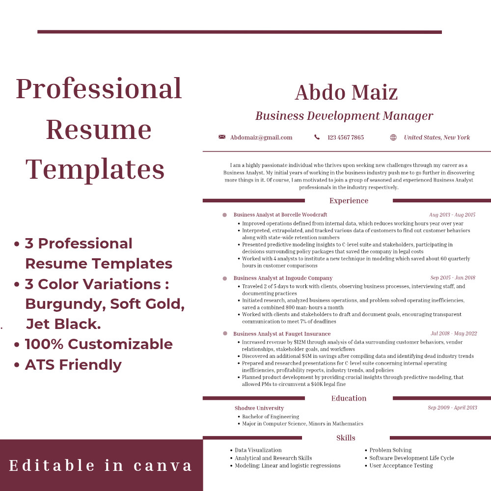 Professional 3 Resume CV Templates | Canva Editable | 3 Colors | ATS friendly