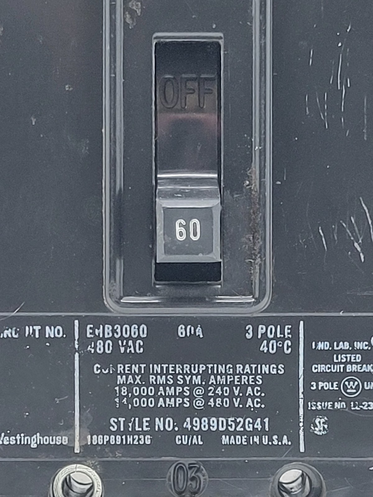 Westinghouse EHB3060 Bolt-On Circuit Breaker 60A 3P 3PH 480V 14KA EHB