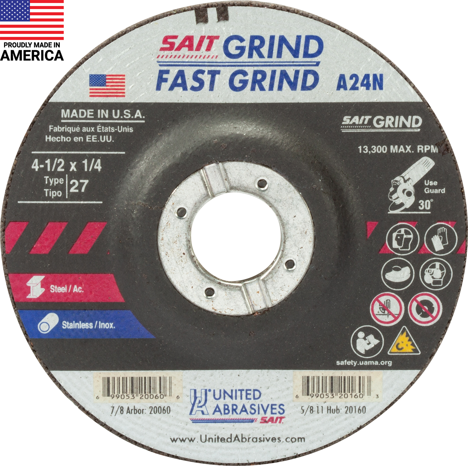 Sait 4.5″ x 1/4 » x 7/8″ Type 27 A24N Grinding Wheel Box of 25 – 20060