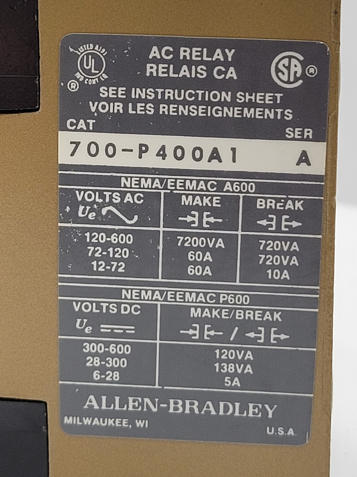 Allen-Bradley 700-P400A1 Control Relay 10A 600V 115/110V Coil Series A Type P