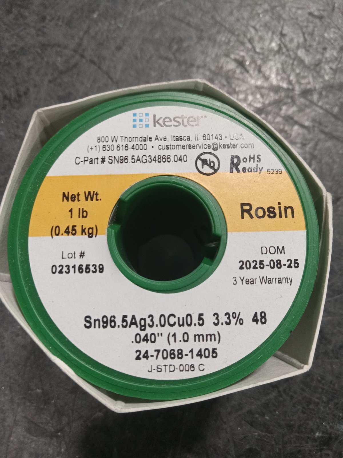 Kester Lead-Free Rosin-Core Solder 0.040″ 1LB Spool, 24-7068-1405, 3.3% 48