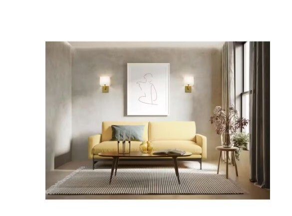 Saxon 7 in. 1-Light Rubbed Brass Interior Wall Sconce with White Fabric Shade