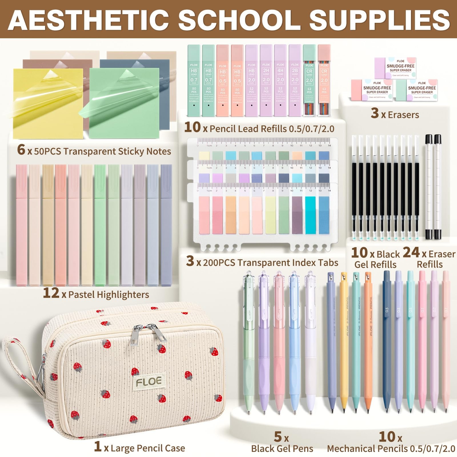 62 PCS Aesthetic School Supplies Preppy Stationary Set Pencil Case Pastel