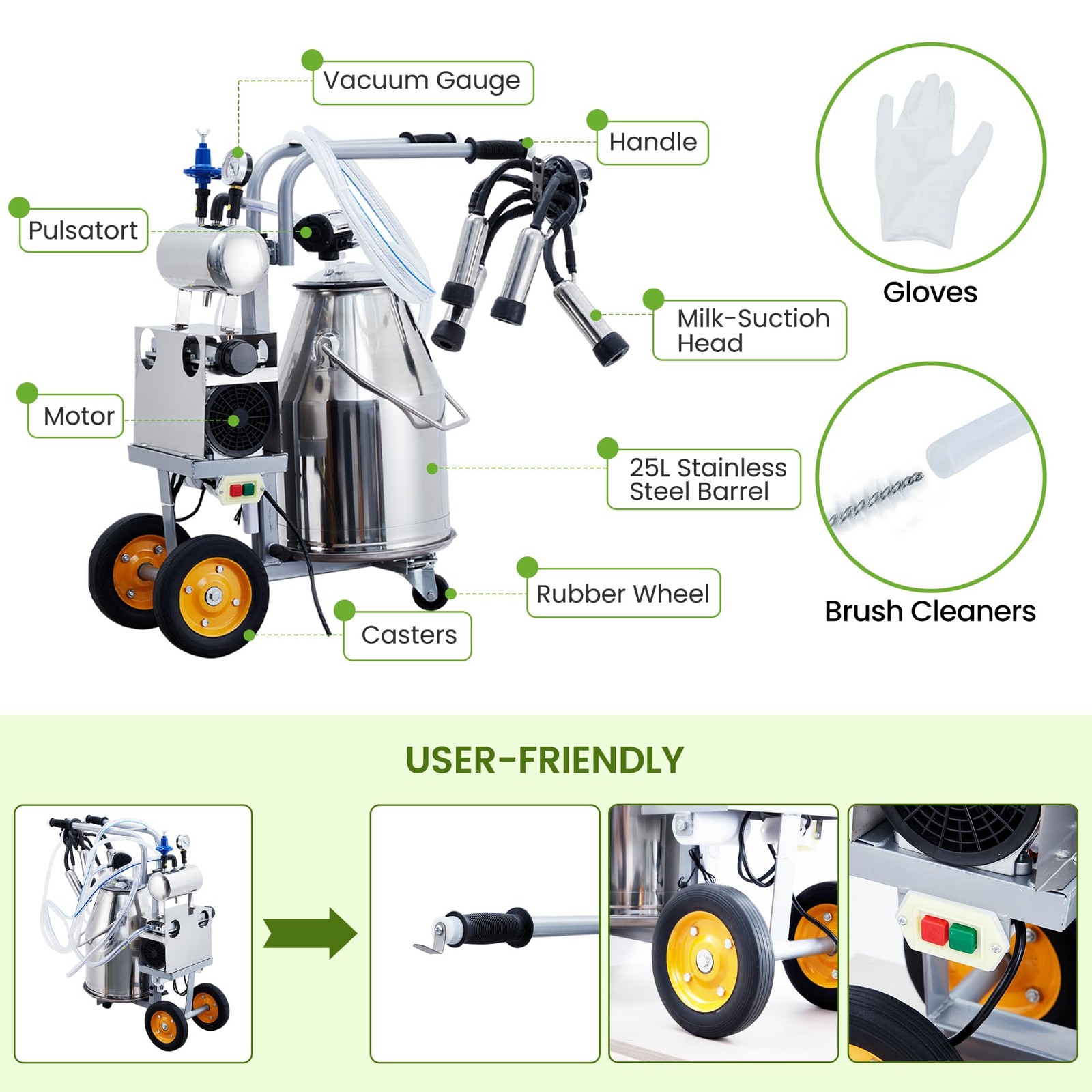 25L Electric Cow Milking Machine Milking Equipment 304 Stainless Steel Bucket US