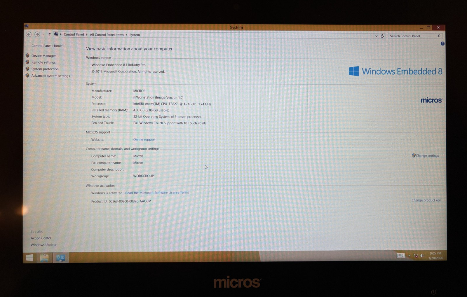 Micros Oracle mWorkstation Intel Atom E3827 15.6″ POS Tablet Computer Win 8.1 :B