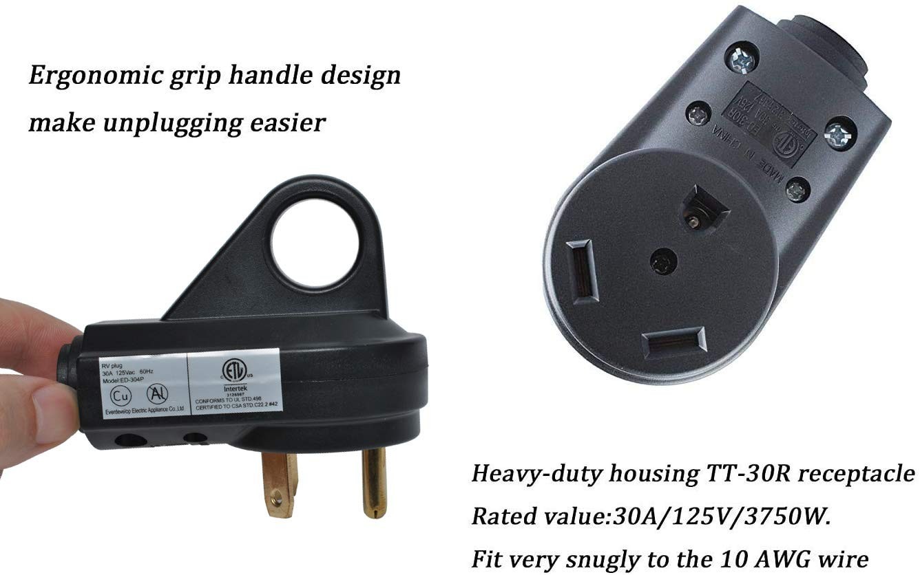 30 Amp RV Plug Male and Female Set, 2 Sets TT-30P/30R Receptacle, 125V Heavy Dut
