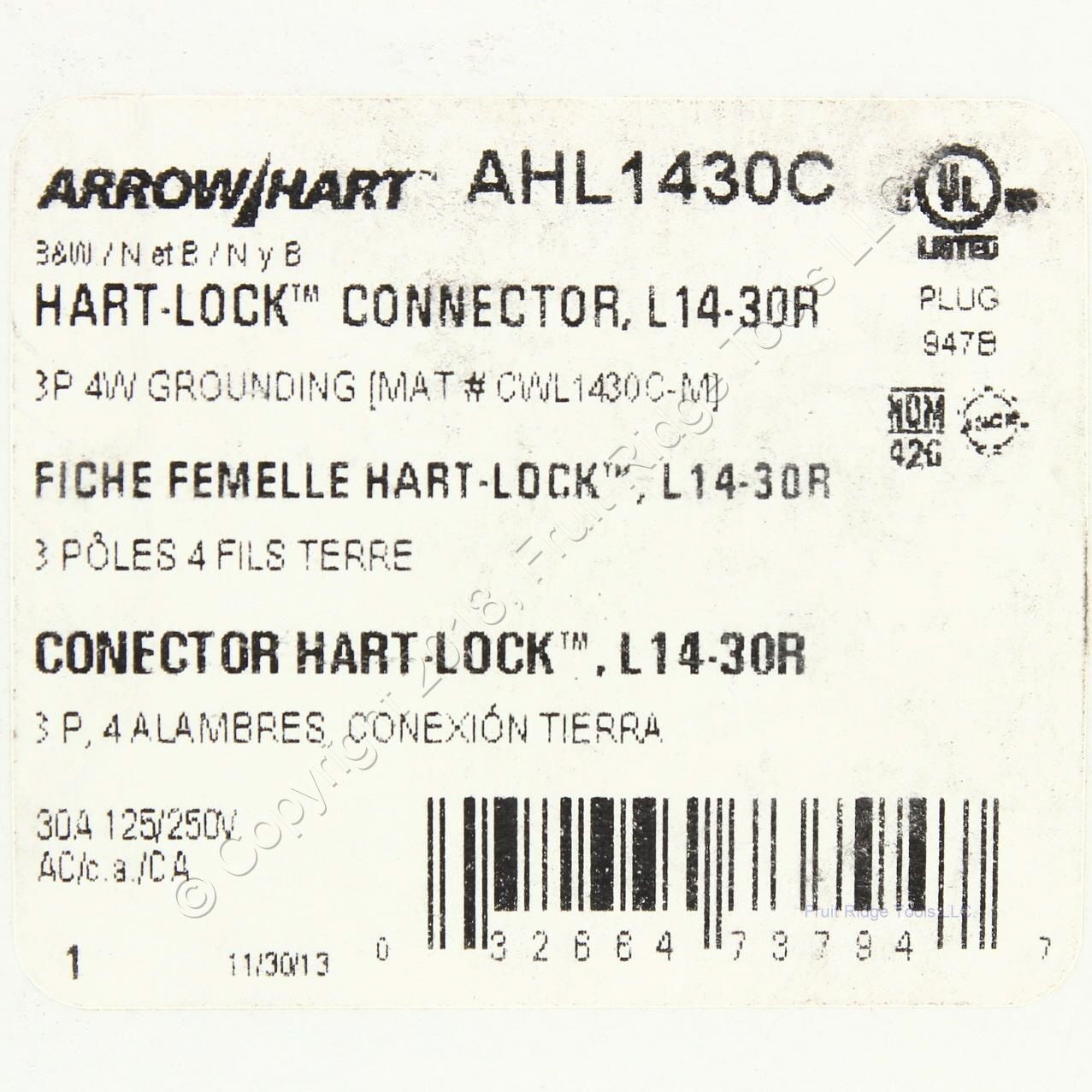 Cooper Twist Turn Locking Connector Plug NEMA L14-30R 30A 125/250V AHL1430C