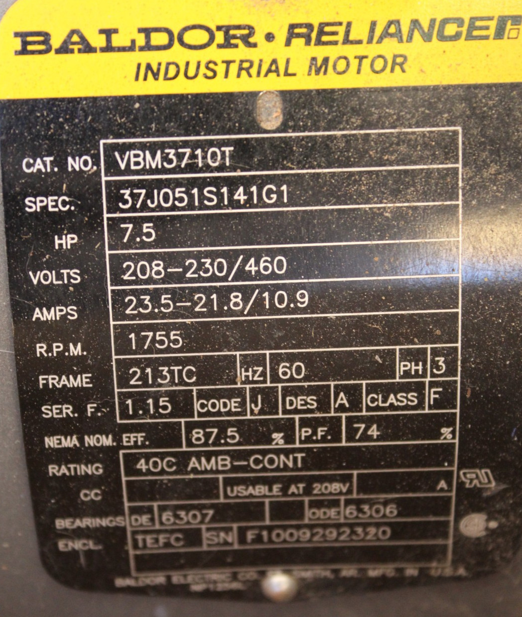 Baldor VBM3710T 7.5hp Brake Motor 1755RPM 213TC Frame 3PH 208-230/460V TEFC CL F