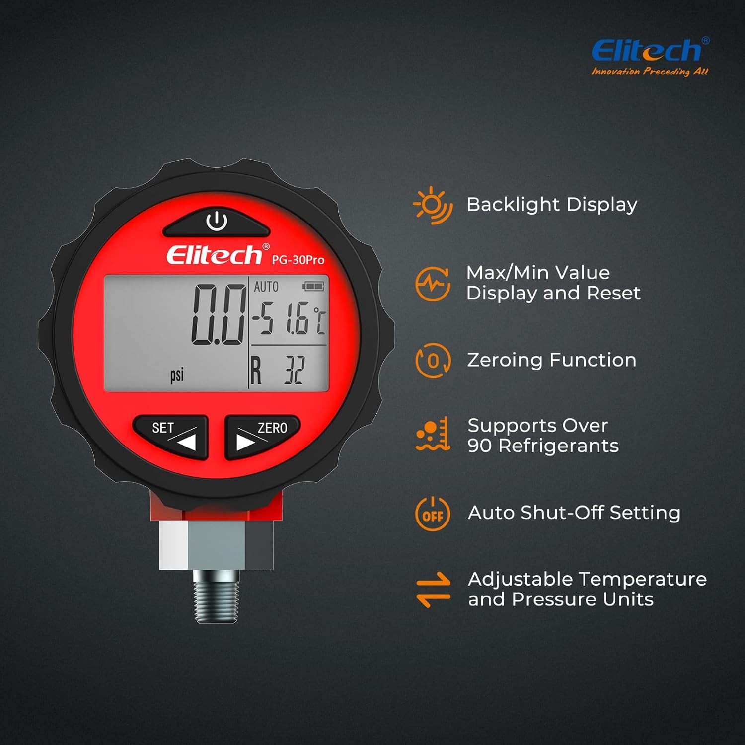 Elitech PG-30Pro Red Refrigeration HVAC Digital Pressure Gauge 87+ Refrigerants