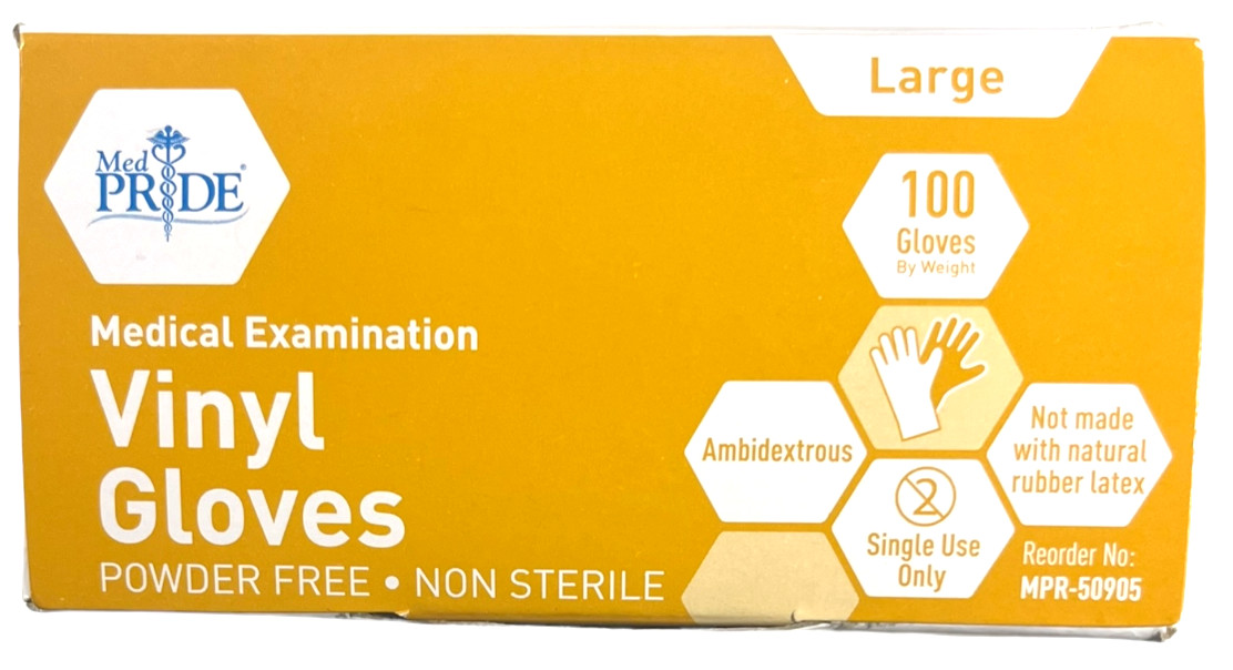 MedPride / MED Pride – LARGE Powder-Free Vinyl Exam Gloves – Box Of 100
