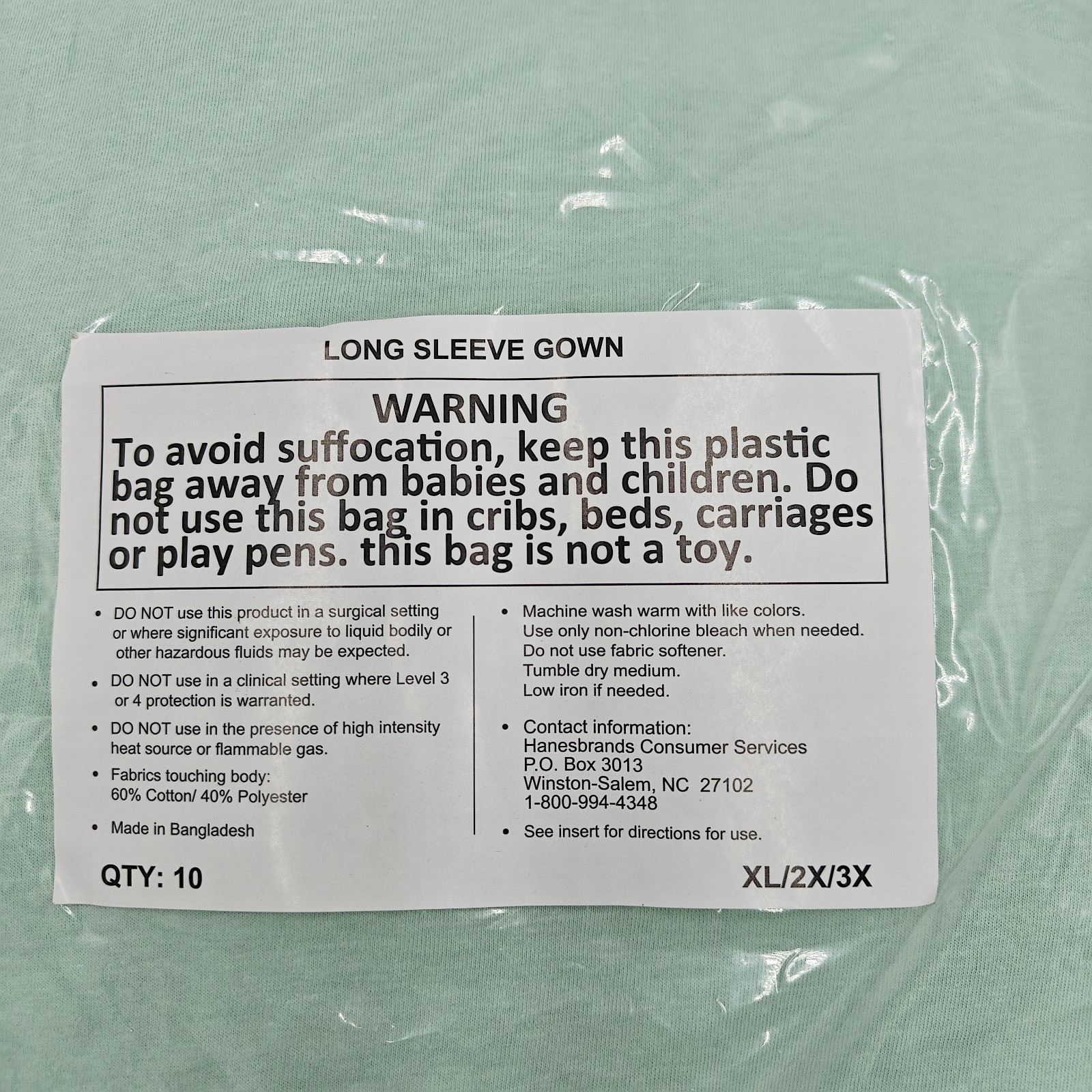 NEW Hanes Hospital Gown 10 Pack Long Sleeve Green Tie Back XL XXL XXXL 2XL 3XL