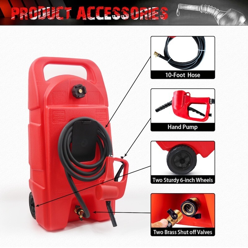 15 Gal HDPE Fuel Caddy Tank w/ Wheels 10ft Hose Hand Pump Gas Diesel Oil Red