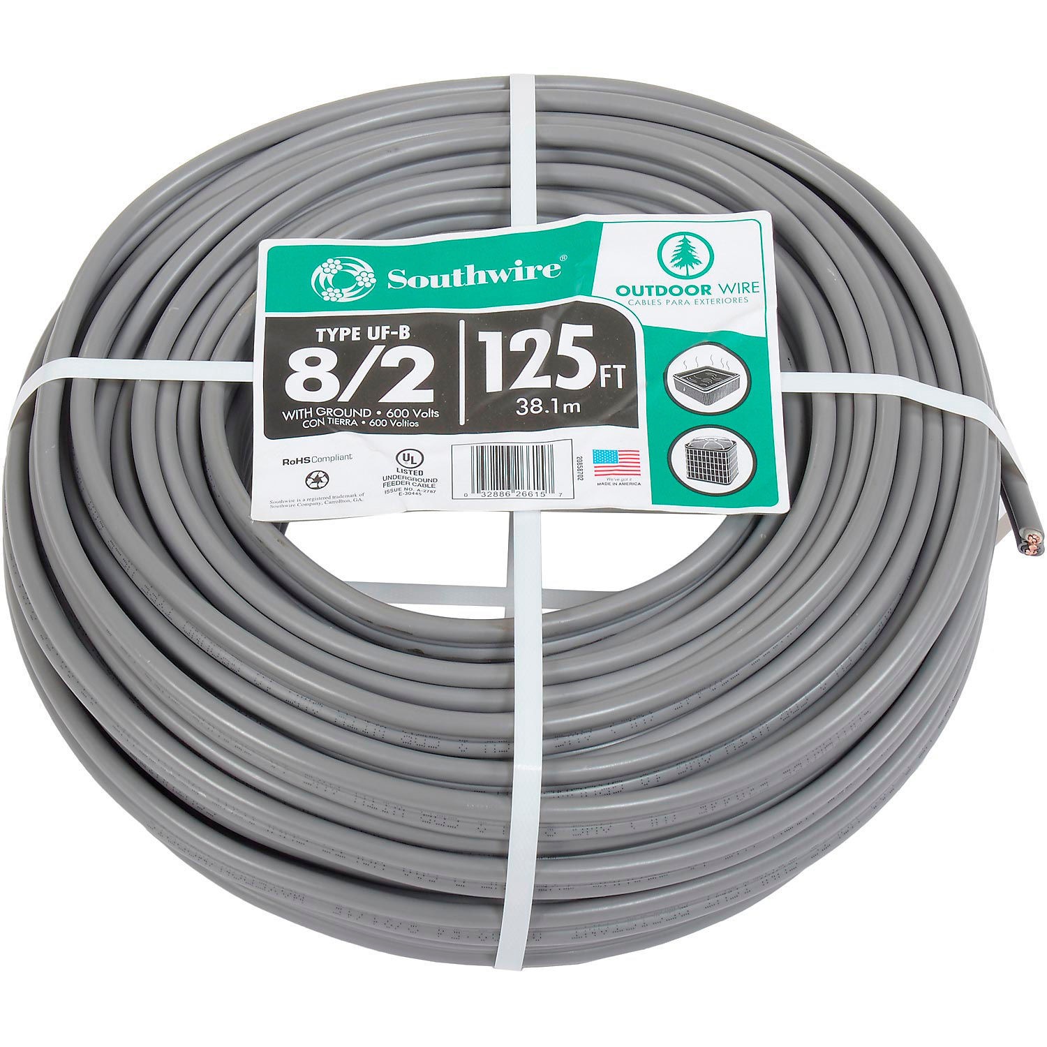 SouthWire 20858702 UF-B Underground Feeder Cable 8/2 AWG 125 ft
