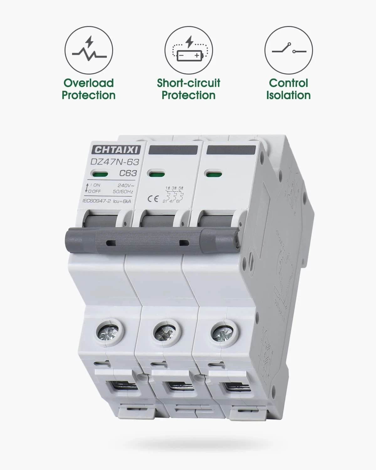 3 Pole DIN Rail Mount Circuit Breaker, 32 Amp 480V AC Miniature Circuit Breaker,
