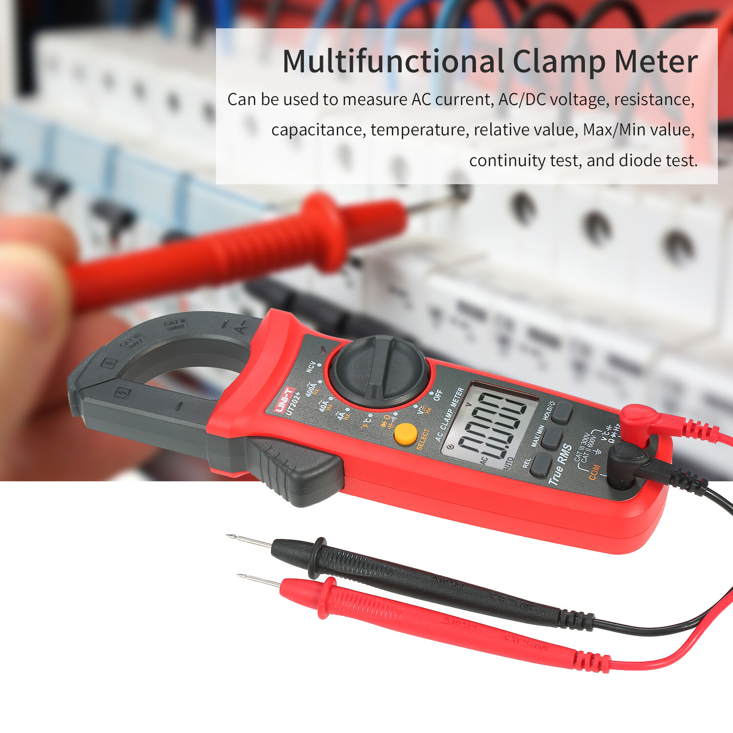 UNI-T UT202+ T-RMS Digital Clamp Meter AC DC NCV Multimeter OHM Cap Temp Tester