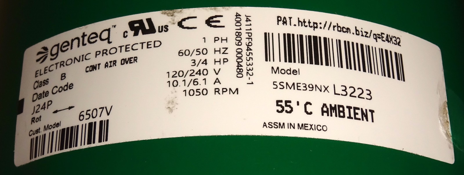 Genteq 5SME39NXL3223 Blower Motor 3/4 HP 1050 RPM 120/240 VAC Evergreen NEW