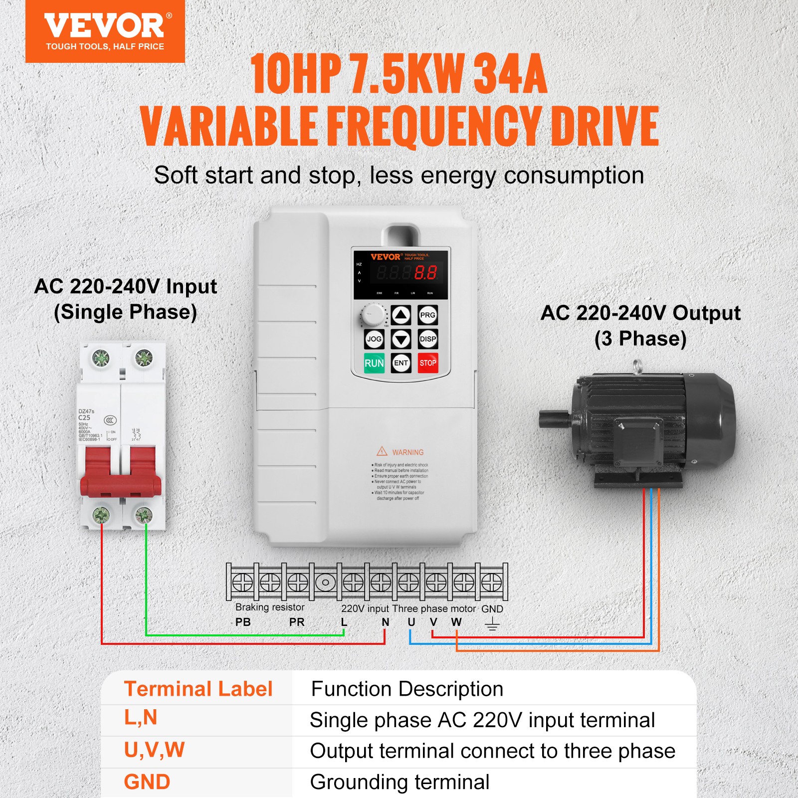 VEVOR VFD 7.5KW,34A,10HP Variable Frequency Drive for3-Phase Motor Speed Control