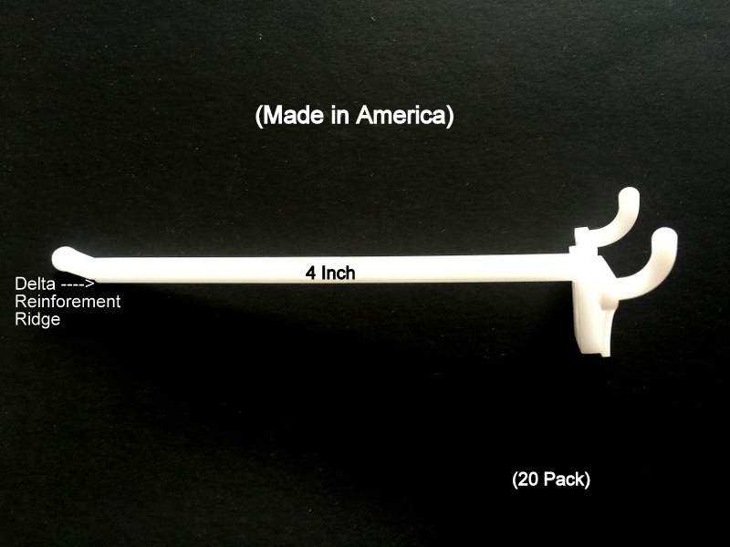 (20 PACK) 4 Inch White Plastic Peg Hooks For 1/8″ to 1/4″ Pegboard. USA Made