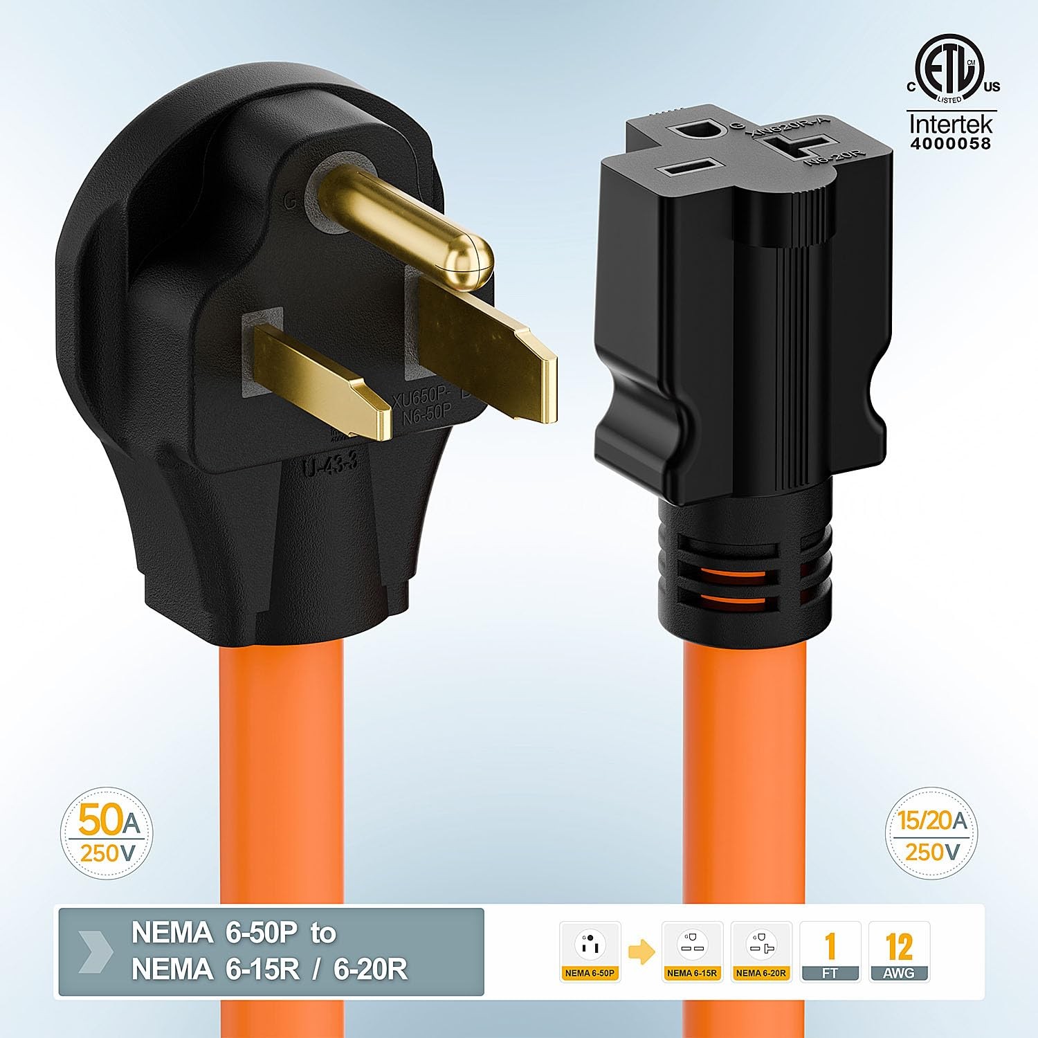 1.5FT Nema 6-50P to 6-15R/6-20R Welder Power Adapter Cord, 6-50P 50-Amp to 6-20R