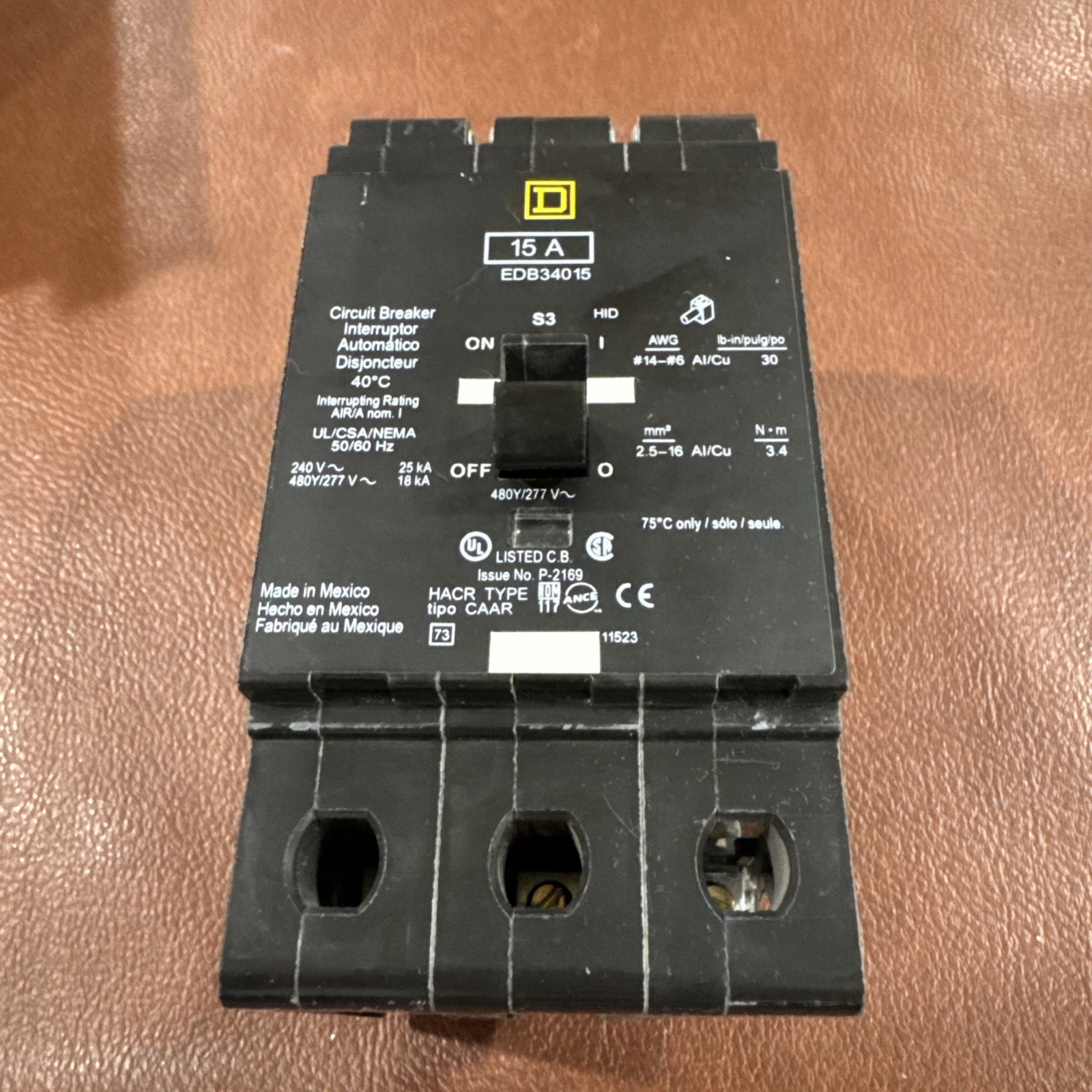 Square D EJB34015 Circuit Breaker 15A 3 Pole 480Y/277VAC 15 Amp 3P *Cracked Flaw